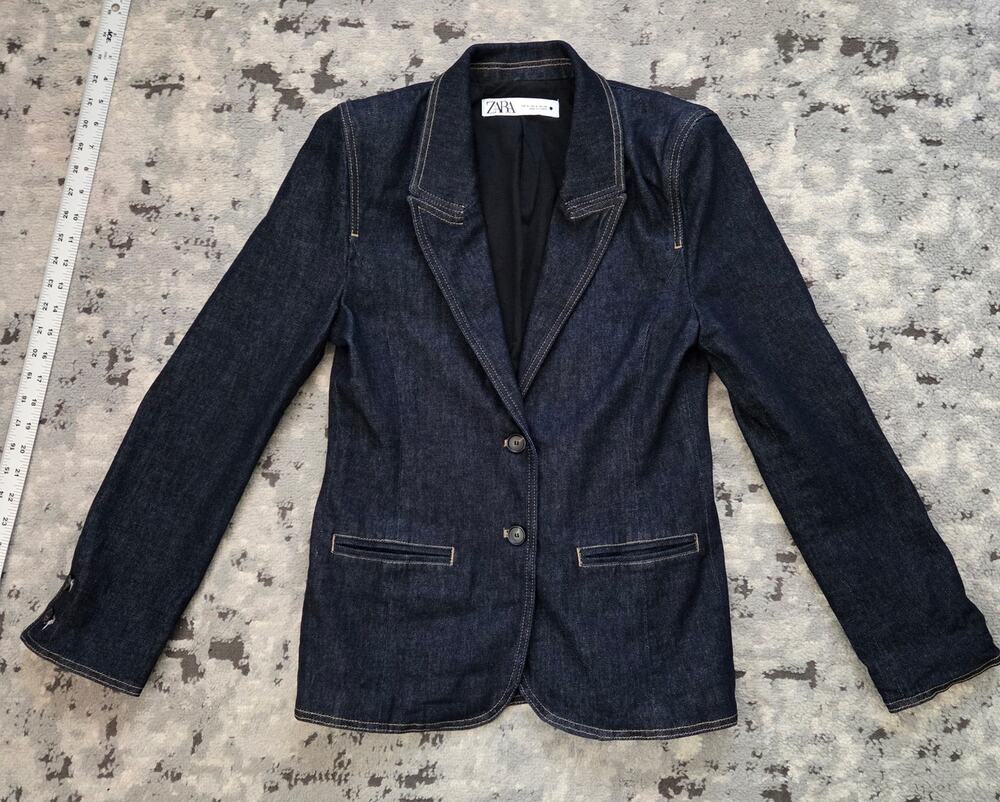 Zara Dark Denim Jean Blazer Jacket Streetwear Preppy Collegiate Professor